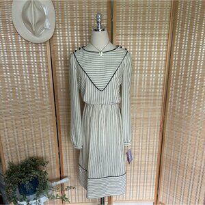 Vintage Cream Long-Sleeve Striped Dress With Black-Trimmed Collar